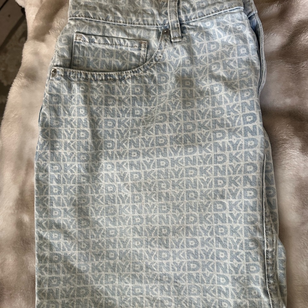 DKNY Light Blue Logo-Print Denim Skirt